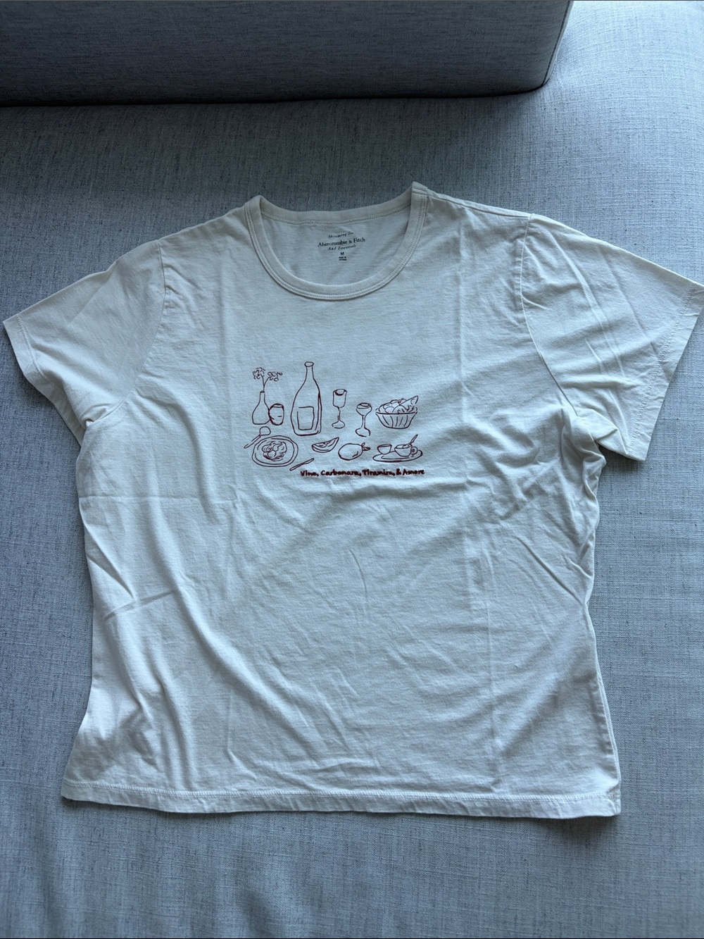 Abercrombie & Fitch Cream Short-Sleeve Tee with Maroon Dining Line-Art